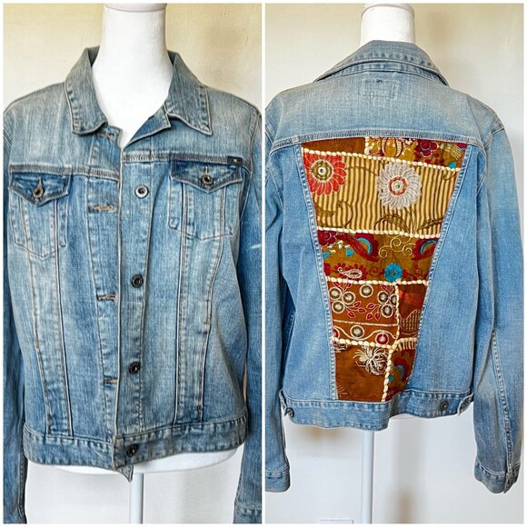 Lucky Brand Patchwork Denim Jacket Tomboy Trucker Boho 70s Vintage Reworked - Picture 14 of 14